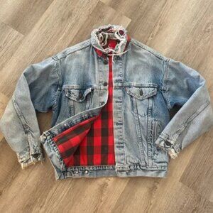 Mens Vintage Levis 70417 0819 Denim Jean Barn Trucker Plaid Lined Jacket